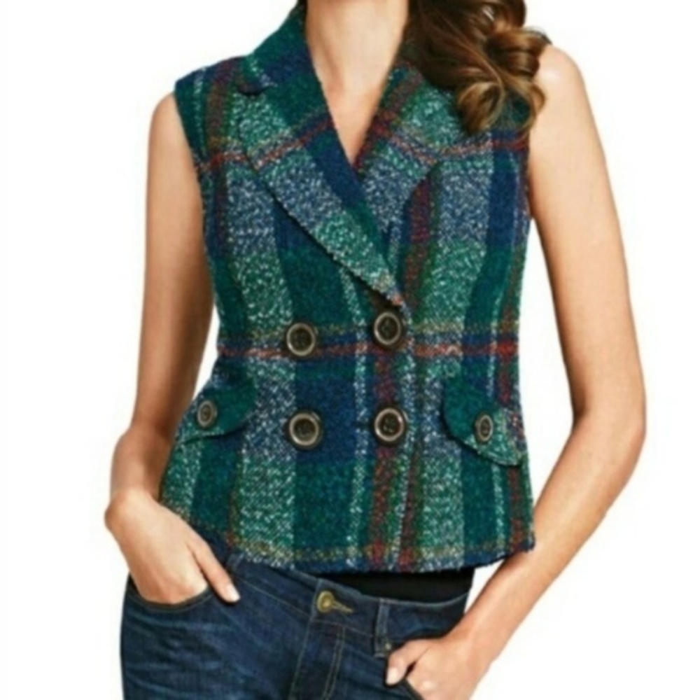 CAbi Plaid Green Navy Vest Sz. XS